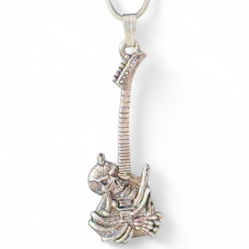 Vintage Silver Guitar Pendant Necklace G&S Signed Skull and Crossbones